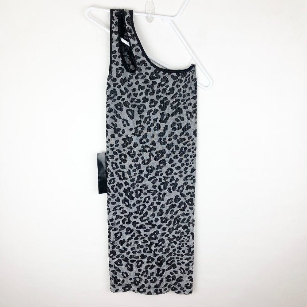 BEBE leopard single shoulder bodycon dress silver